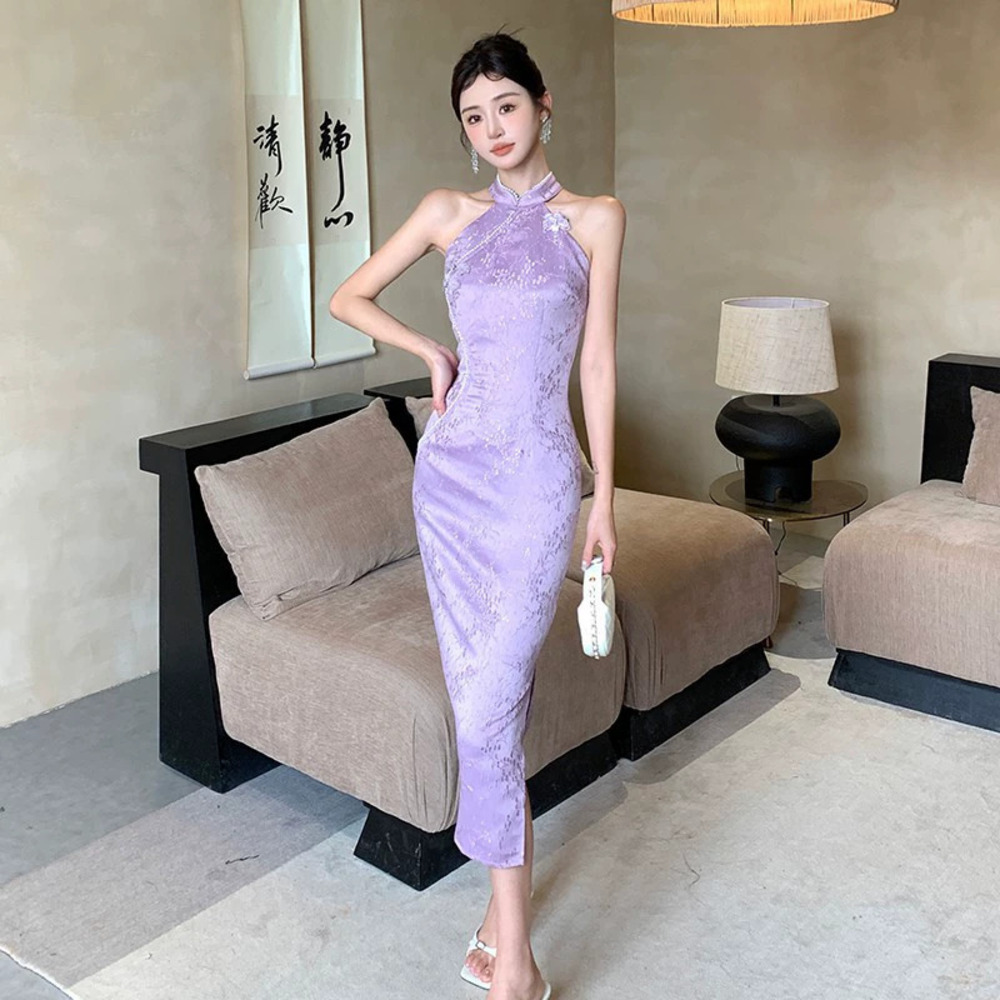 Purple New Chinese Style Butterfly Jacquard Satin Halter Neck Qipao Dress